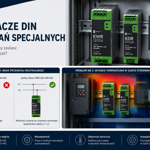 Zasilacze DIN BREVE KWR i KDR do pracy przy 400 V bez przewodu neutralnego i w wysokiej temperaturze